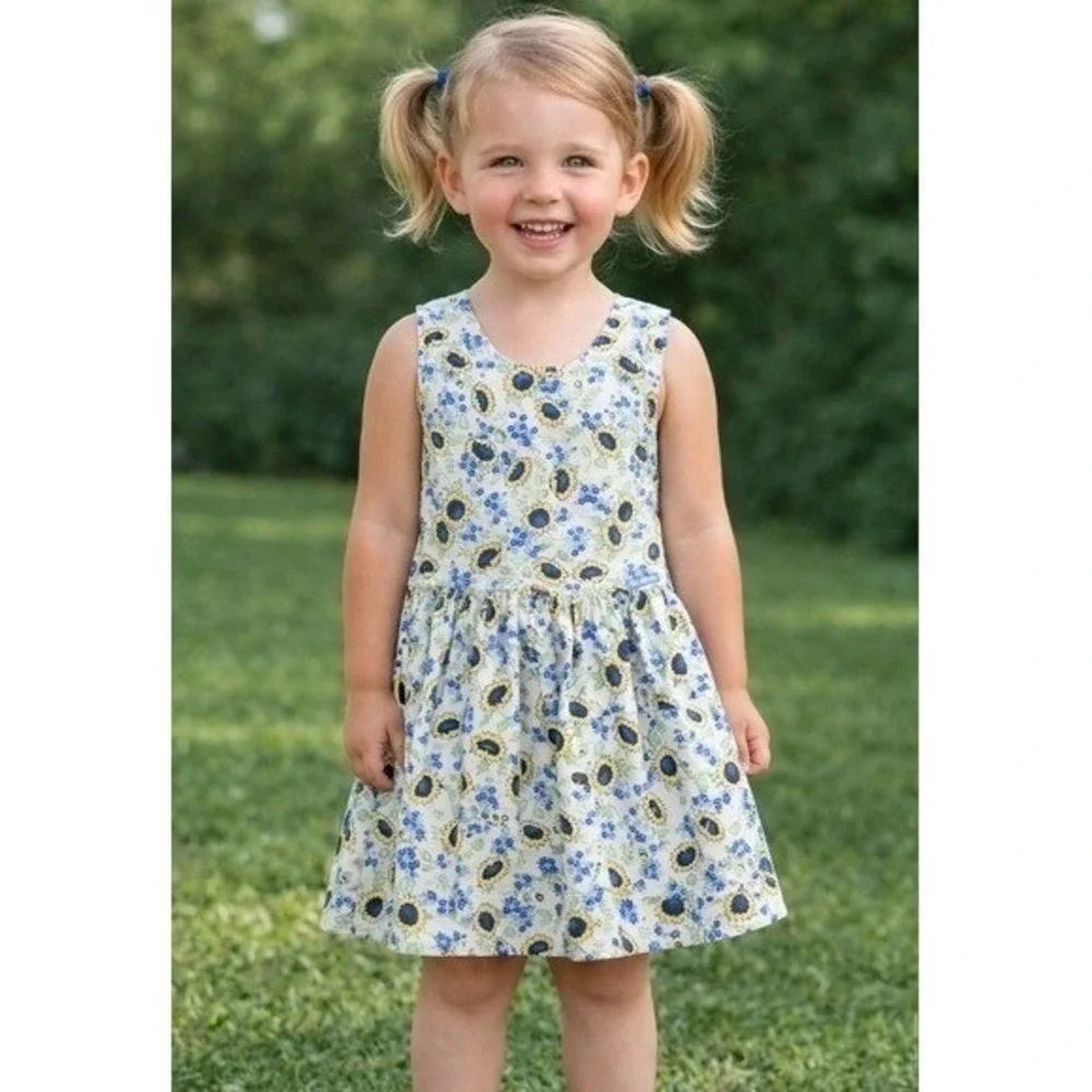 Vtg 90s OshKosh Girls 4T Blue Yellow Sunflower Cotton‎ Dress Jumper HTF! RARE!